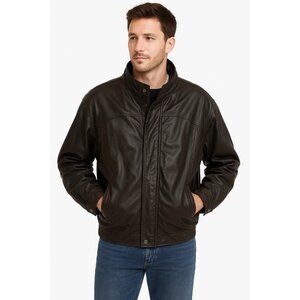 Wilsons Leather Men’s Large Black Bomber Jacket Genuine Leather Zip Snap Closure